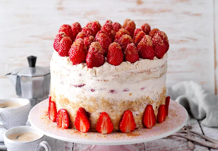 Eine kleine Torte aus dunklem Espresso‑Biskuit mit heller Mascarponecreme ist mit frischen Erdbeeren und Zuckerperlen geschmückt