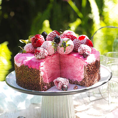Auf einer weißen Tortenplatte thront eine mehrschichtige Beeren‑Eistorte in zartem Rosa, bedeckt mit gefrorenen Himbeeren, Brombeeren und Erdbeerscheiben. Die Oberfläche glitzert leicht, da die Früchte mit Eiskristallen überzogen sind, und grüne Blätter setzen frische Akzente.
