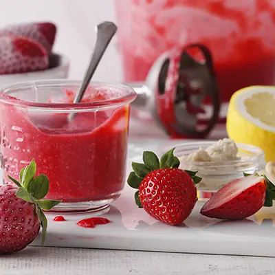 Auf einem  Tablet steht ein Fruchtaufstrich bereit. Daneben liegen Erdbeeren.