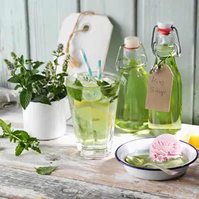 Auf einem Tisch stehen links zwei Glasflaschen, die eine grüne Flüssigkeit enthalten. Davor steht ein Glas, mit der gleichen Flüssigkeit. außerdem sind noch Pflanzen und eine Schale mit Löffel auf dem Tisch zu sehen. Das Szenario sieht nach Frühling aus. 
