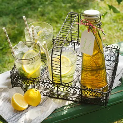 Auf einem verspielten Tablet mit Henkel stehen Gläser gefüllt mit Limonade und einer Glasflasche Sirup.