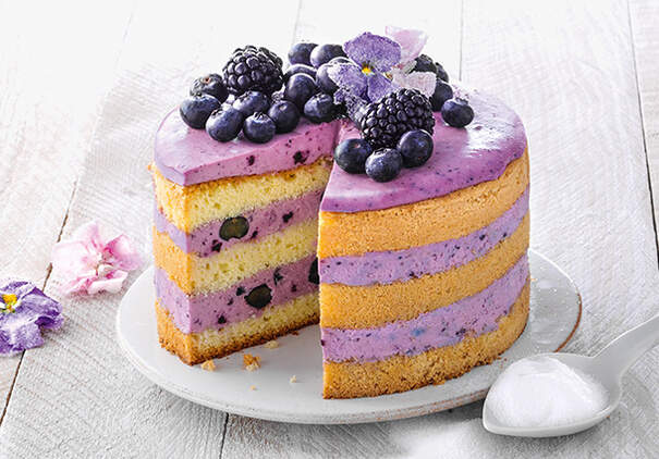 Eine Torte mit gelben Biskuitböden und lila Beerencreme ist mit Blaubeeren und Brombeeren dekoriert.