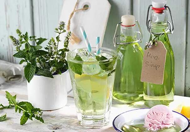 Mehrere grüne Flaschen mit Bügelverschluss sind mit hausgemachtem Minzsirup gefüllt und stehen auf einer weißen Holzoberfläche. Eine der Flaschen trägt ein handbeschriftetes Etikett, daneben stehen ein Glas mit einem erfrischenden Drink und ein Topf mit frischem Minzgrün.