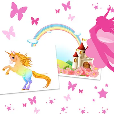 Ein Einhorn und ein Schloss mit Regenbogen für das Feenfest.