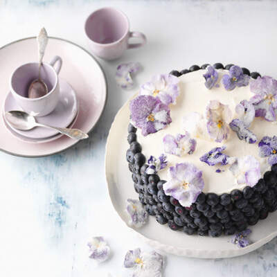 Auf einer hellen Unterlage steht eine runde Torte mit weißer Glasur, deren Rand dicht mit dunklen Heidelbeeren besetzt ist. Die Oberfläche ist mit zarten violetten und weißen kandierten Veilchenblüten übersät, die wie kleine Kunstwerke wirken.