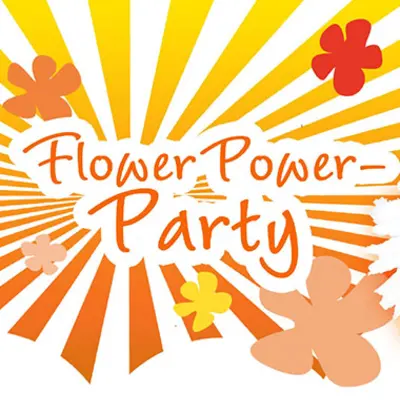 Bunte Grafik für die Flower‑Power‑Party.