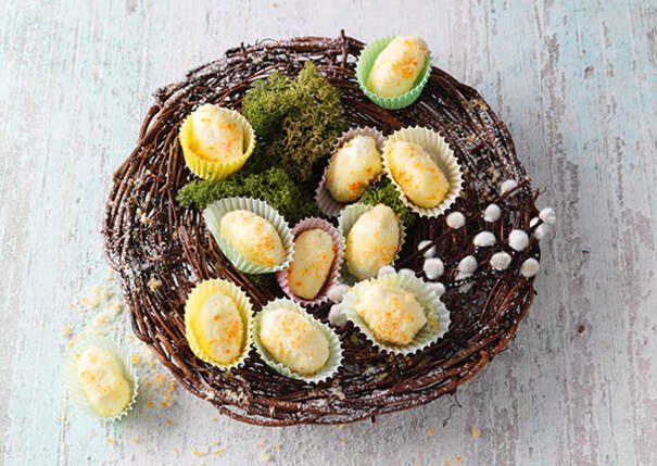 Ein kleines Nest aus Zweigen ist mit pastellfarbenen Pralinen gefüllt; die Kugeln in Papierförmchen erinnern an Ostereier. Das Nest liegt auf einem weißen Untergrund und wirkt zart.