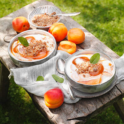 Auf einem rustikalen Holzbrett stehen zwei weiße Schälchen mit einem cremigen, weißen Joghurt-Dessert, das mit einer orange-braunen Aprikosenpüree-Schicht und gehackten Nusskernen bestreut ist