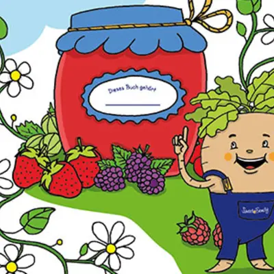 Eine Comic‑Illustration mit fröhlichen Zuckerrübenfiguren und einem großen Marmeladenglas.