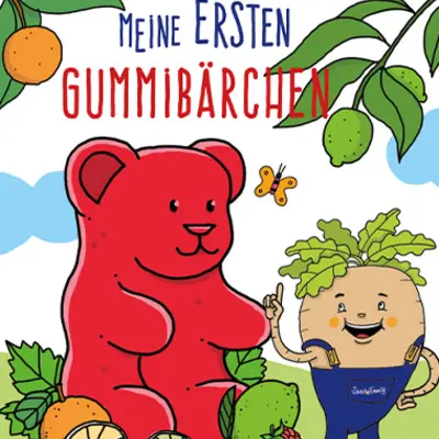 Gemaltes Bild mit einem großen roten Gummibären und daneben eine fröhlich grinsende Zuckerrübe. Beide sind draußen in der Natur umgeben von Früchten und Wolken.