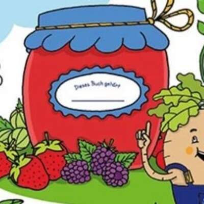 Zeichentrick‑Zuckerrüben und Früchte bereiten gemeinsam Marmelade zu.