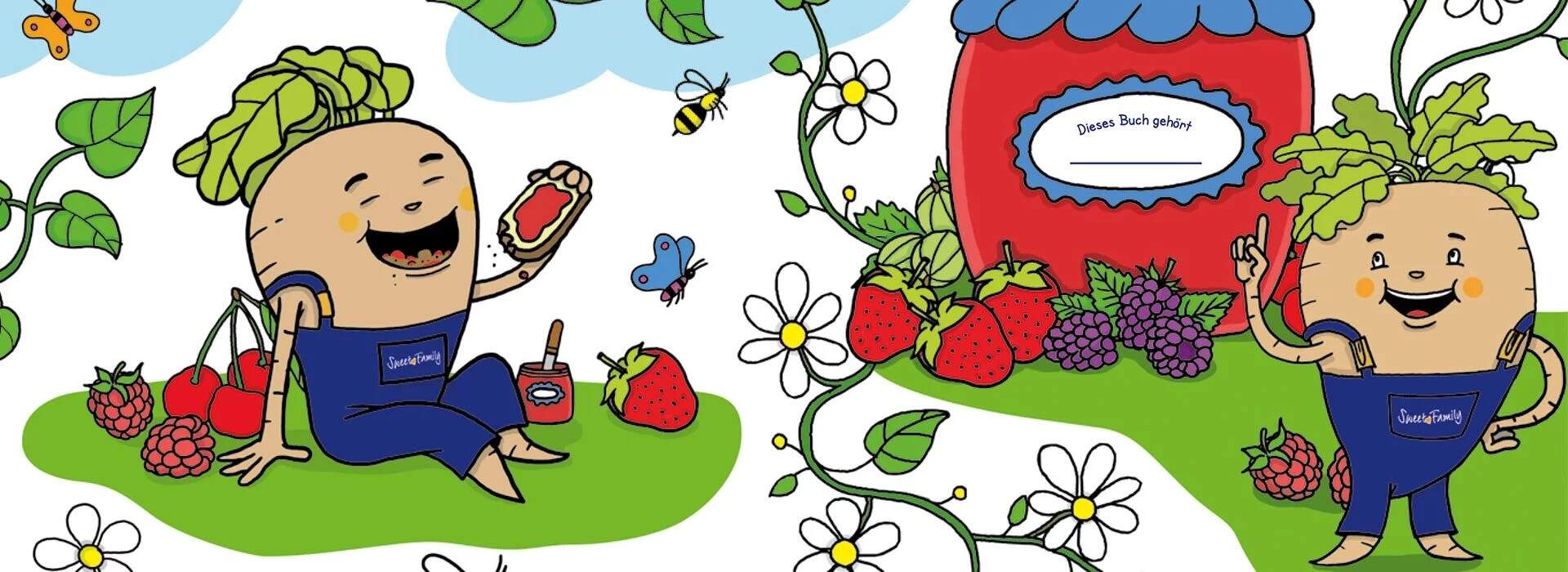 Zeichentrick‑Zuckerrüben und Früchte bereiten gemeinsam Marmelade zu.