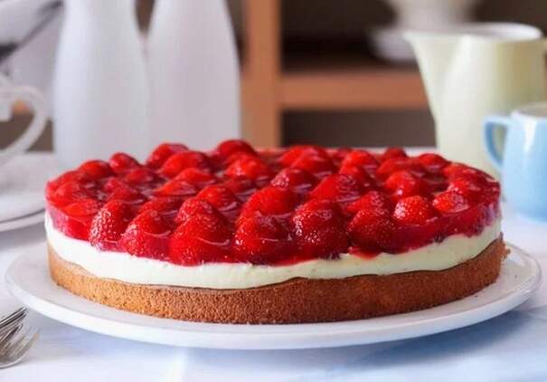 Ein Erdbeerkuchen mit Biskuitboden und Sahneschicht ist mit ganzen Erdbeeren belegt und glasiert.