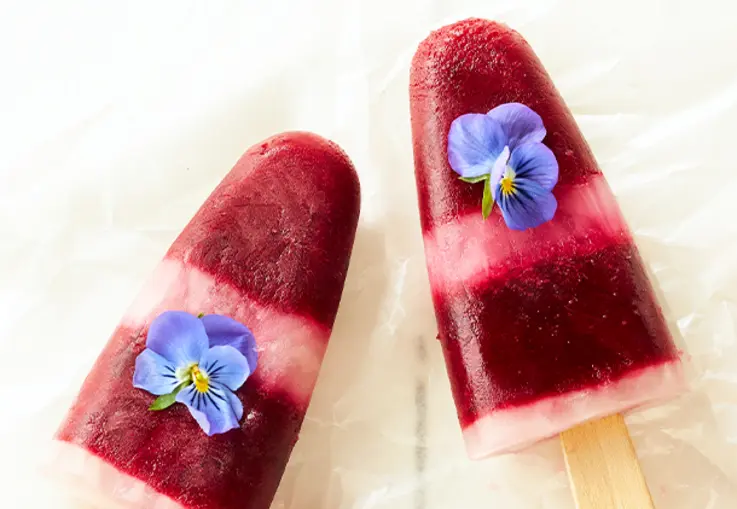 Gefrorene Eis am Stiel zeigen abwechselnde Streifen aus tiefrotem Beerensirup und limettig‑grünem Minzsirup und sind mit essbaren Blüten verziert