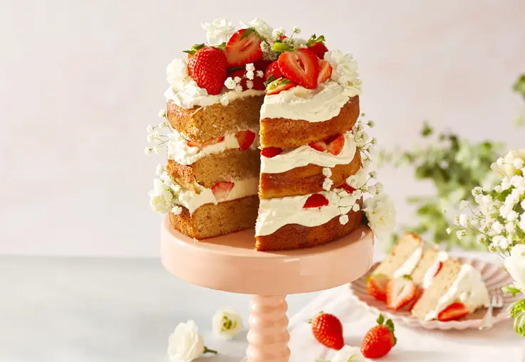 Kleine Erdbeer-Sahnetorte mit frischen Erdbeeren und weißen Blüten ist sommerlich dekoriert.