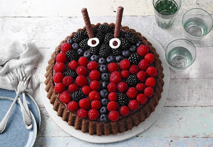 Runde Torte mit heller Creme und roten sowie dunklen Beeren, dekoriert als Marienkäfer mit Schokodetails.