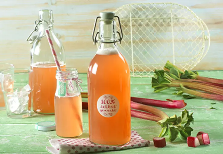 Eine Flasche rosafarbener Rhabarbersirup steht neben frischen Rhabarberstangen und Vanilleschote.