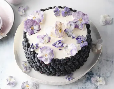 Joghurt-Heidelbeertorte mit Blüten