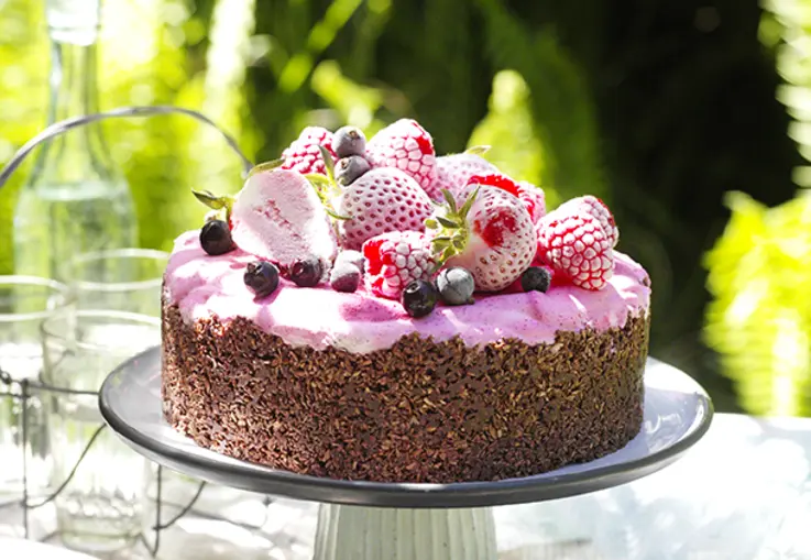 Eistorte mit dunklem Schokoboden und rosa Beerencreme, dekoriert mit frischen Beeren.